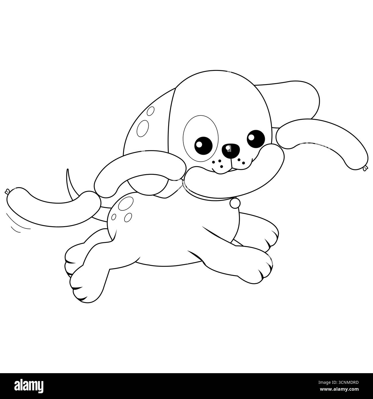 Chien courant avec des saucisses dans la bouche. Mignon chiot animal mâcher sur une chaîne de saucisses, jouer et courir. Coloriage noir et blanc. Banque D'Images Chien courant avec des saucisses dans la bouche. Mignon chiot animal mâcher sur une chaîne de saucisses, jouer et courir. Coloriage noir et blanc. Banque D'Images