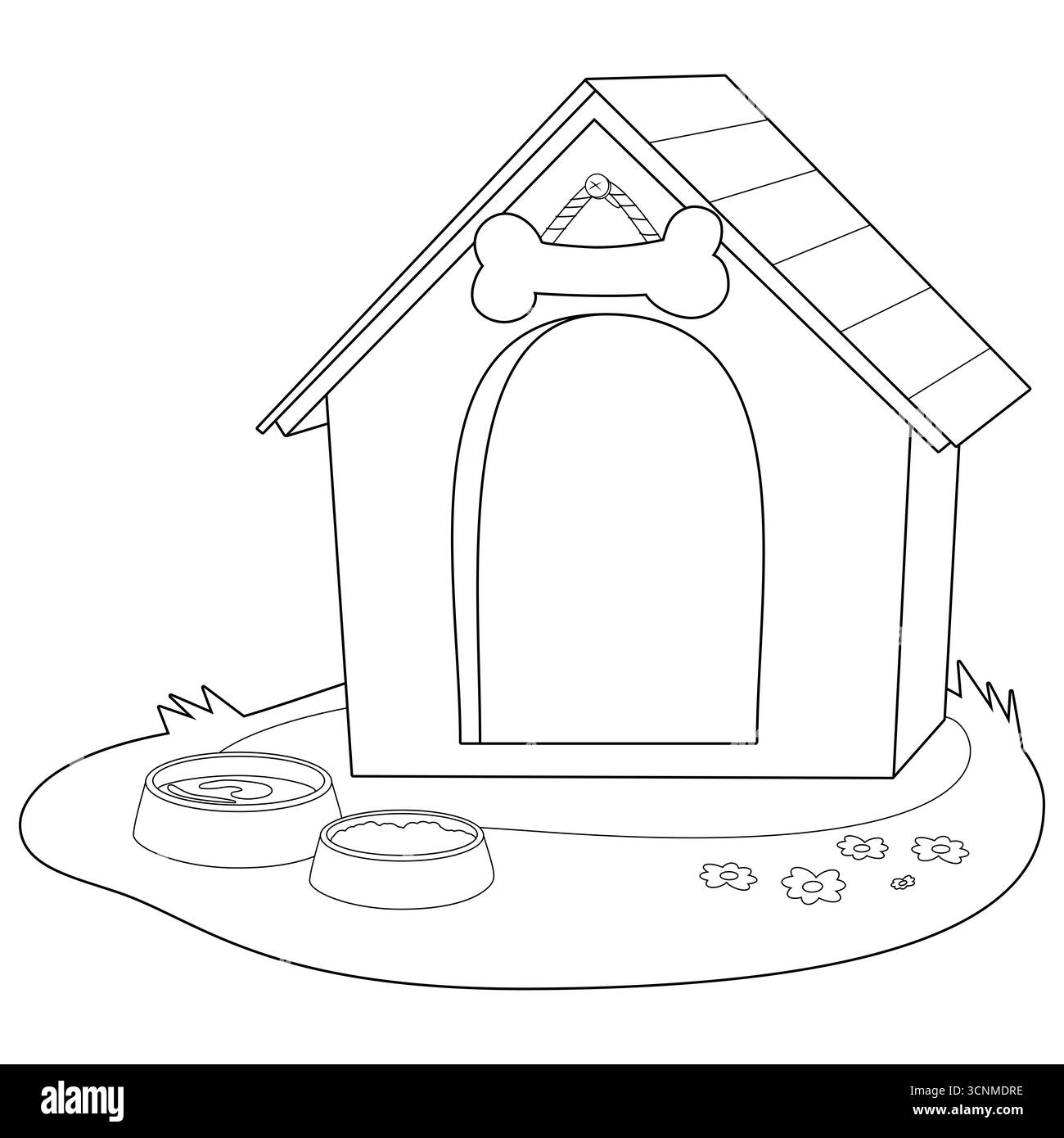 Niche et bols d'eau et de nourriture pour chiens. Maison de chien en bois dans le jardin à l'extérieur. Maison pour chiot. Coloriage noir et blanc. Banque D'Images