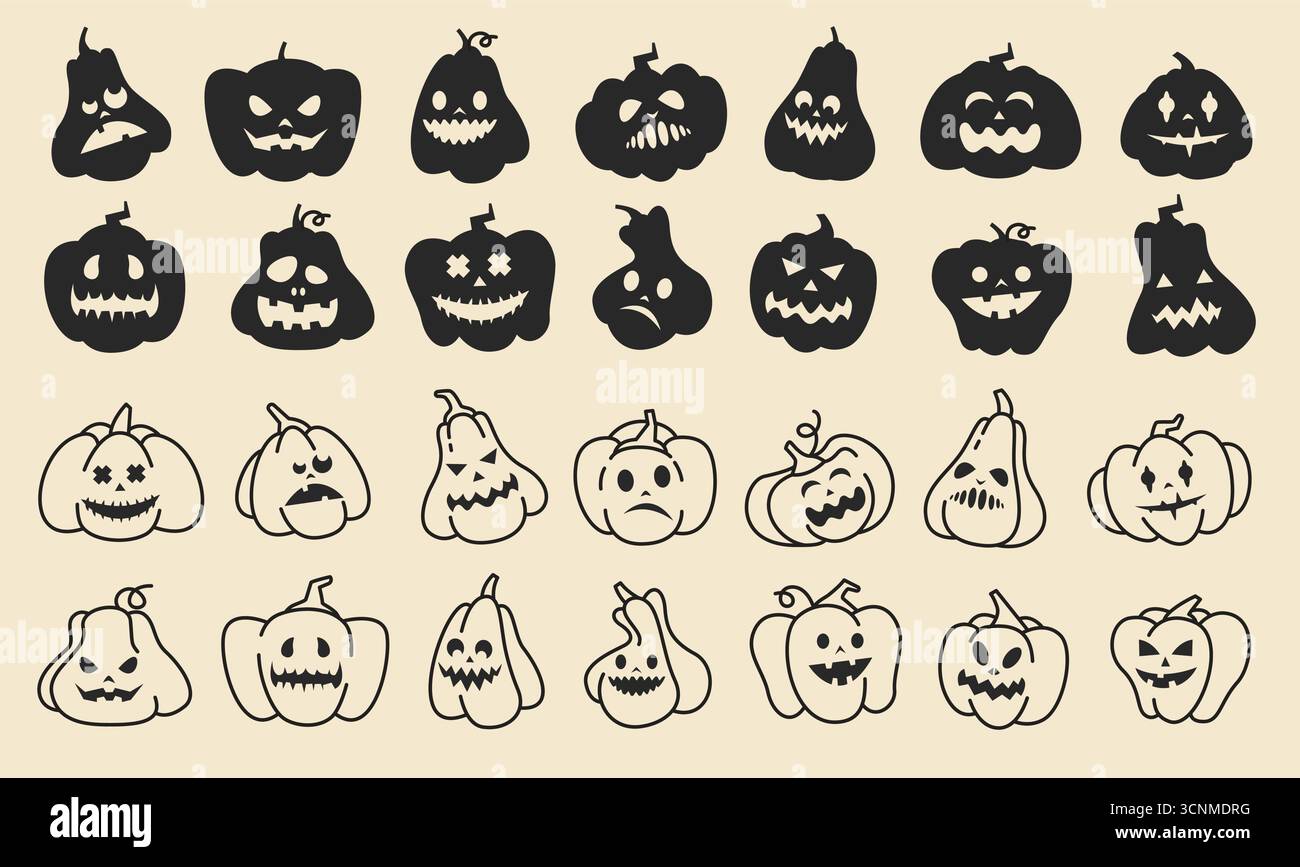 Citrouille d'Halloween noire. Visages de bande dessinée effrayants mignons sur des citrouilles silhouettes noires, expressions drôles de personnages monstres de ligne halloween mal. Vecteur Illustration de Vecteur