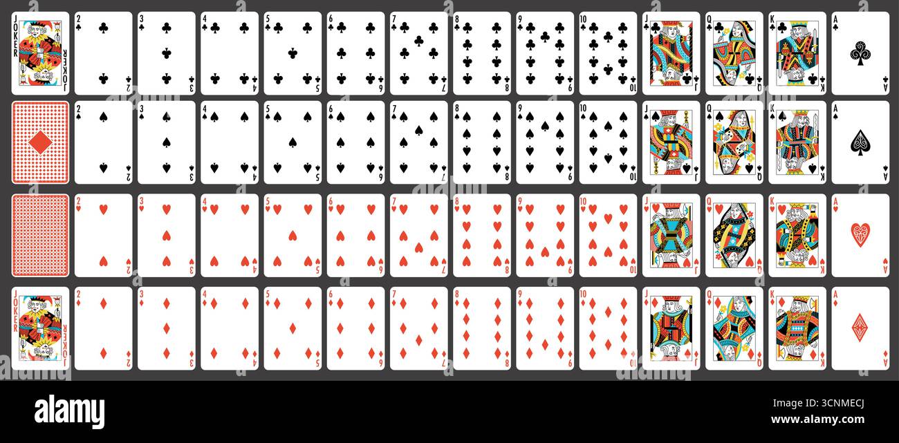 Cartes de poker. Royal Flush dans les coeurs, as rouges et rois, jeu de hasard et concept de pari de casino, jeu de cartes à jouer avec jeu de cartes de 52 cartes. Ensemble de vecteurs Illustration de Vecteur