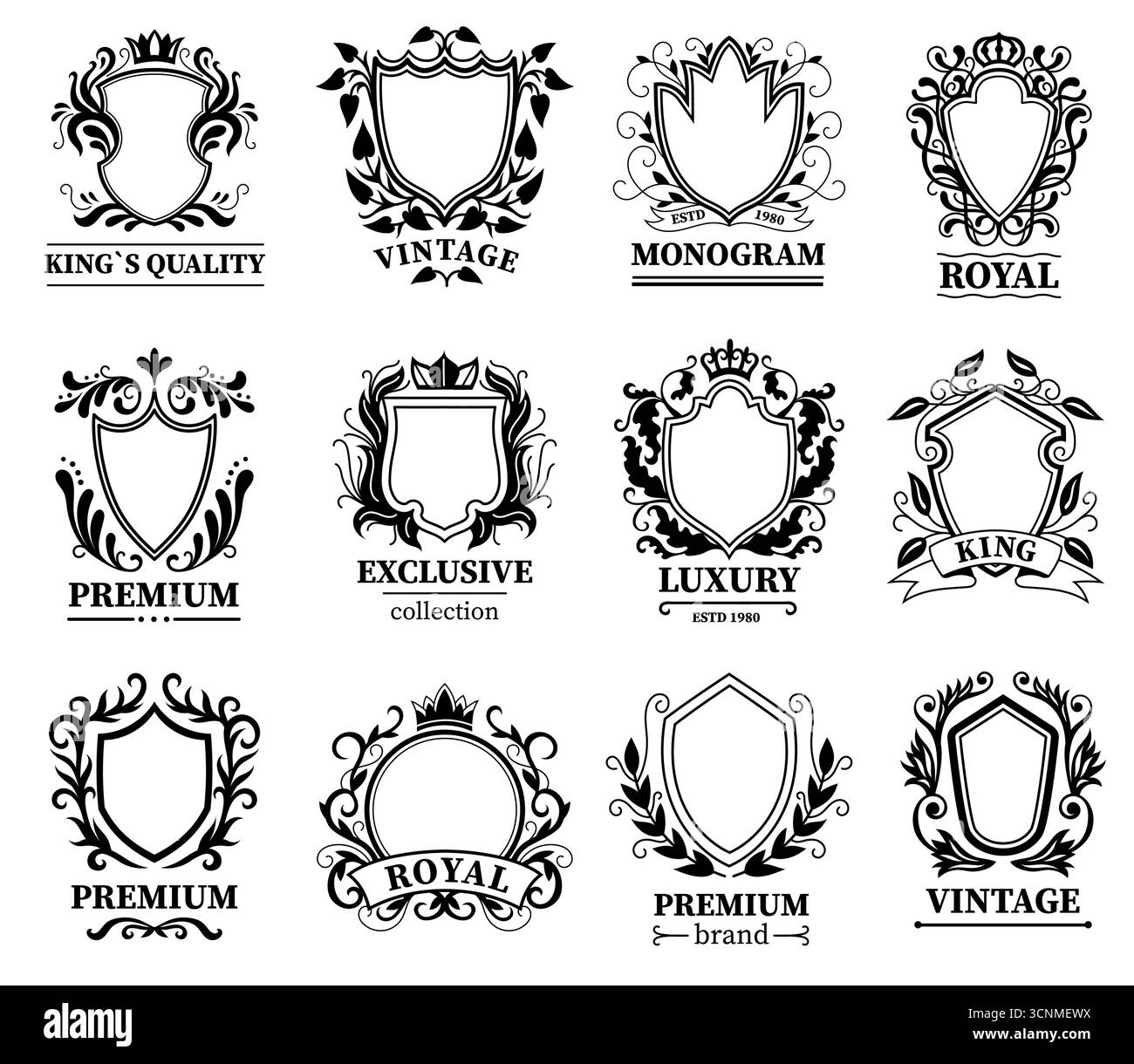 Boucliers décoratifs royaux. Badges héraldiques noirs cadres pour blason des icônes de sécurité militaire, silhouettes d'emblème médiéval vintage avec place pour Illustration de Vecteur
