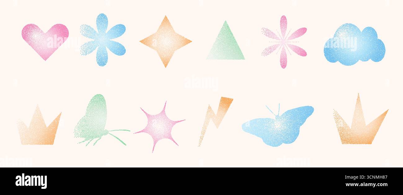 Formes de gradient de grain. Ensemble de figures géométriques à points. Y2K rétro étoile et triangle avec fleur. Papillon coloré, couronne sur fond beige. Effe tendance Illustration de Vecteur