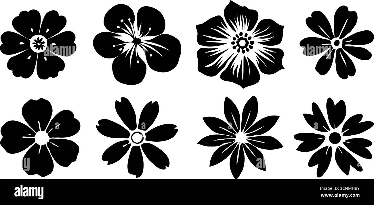 Collection de huit silhouettes de fleurs noires avec différents styles de pétales dans un style graphique plat sur fond blanc, symbolisant la nature et le design Illustration de Vecteur