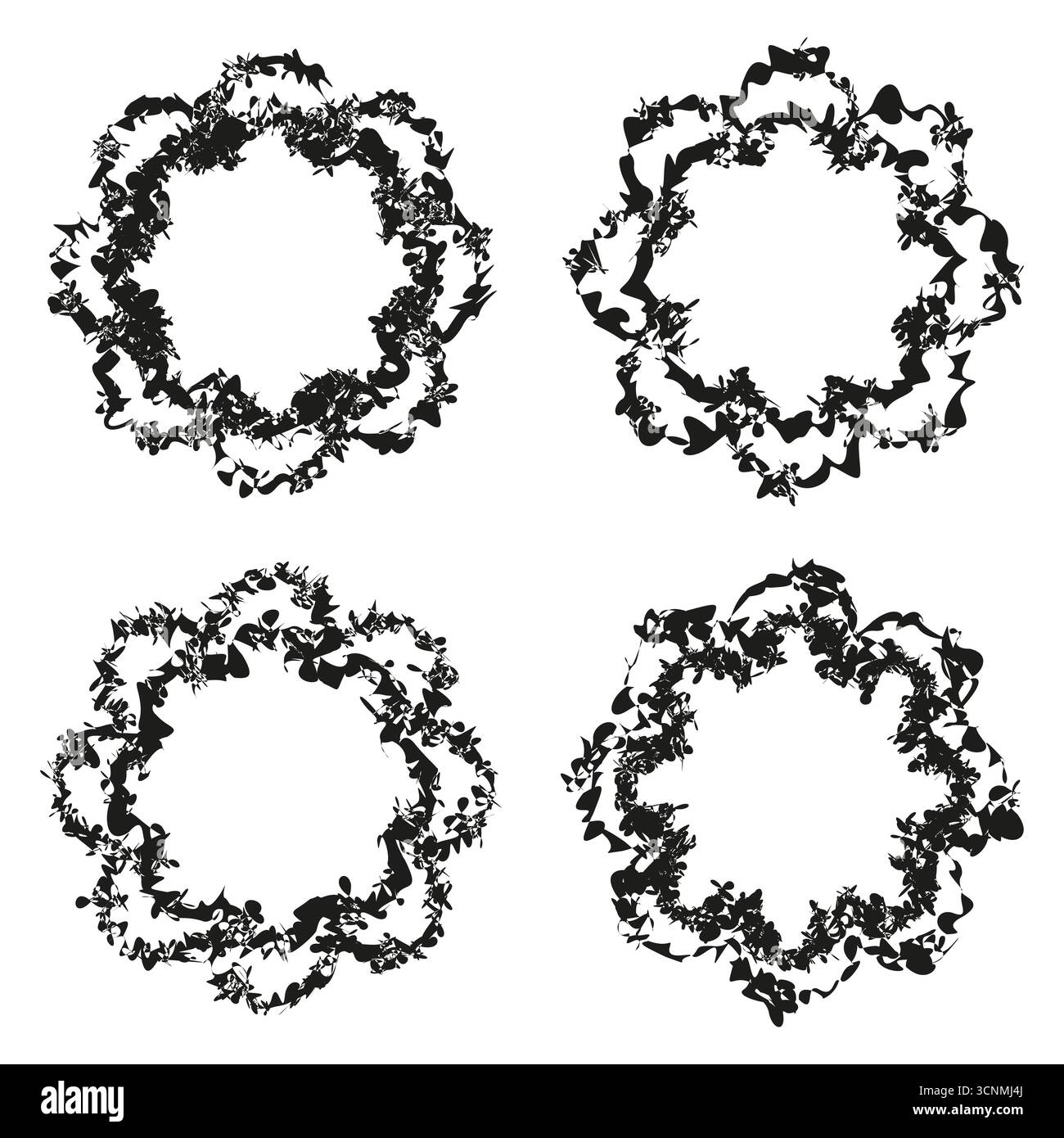 Couronnes florales abstraites. Formes rondes monochromes grunge. Cadres vectoriels décoratifs. Ensemble d'illustration de ligne organique. SPE 10. Illustration de Vecteur