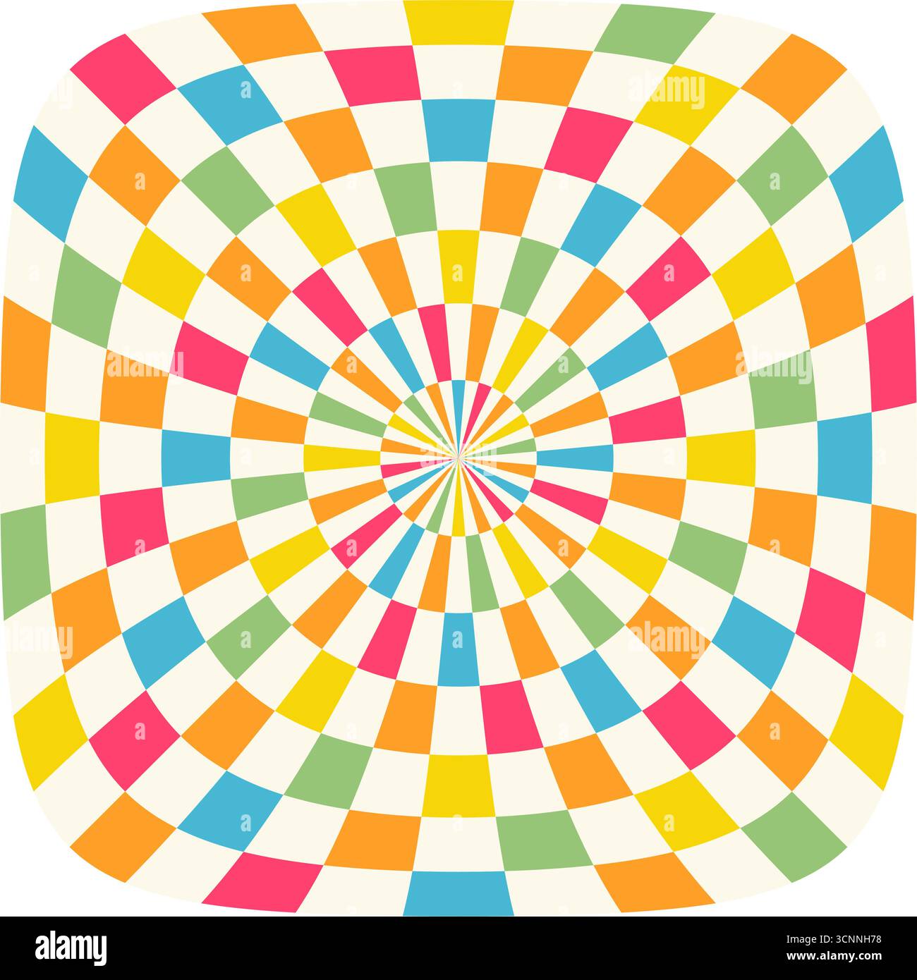 Motif à carreaux coloré, design radial, arrière-plans abstraits rétro psychédéliques style des années 70, Illustration de Vecteur