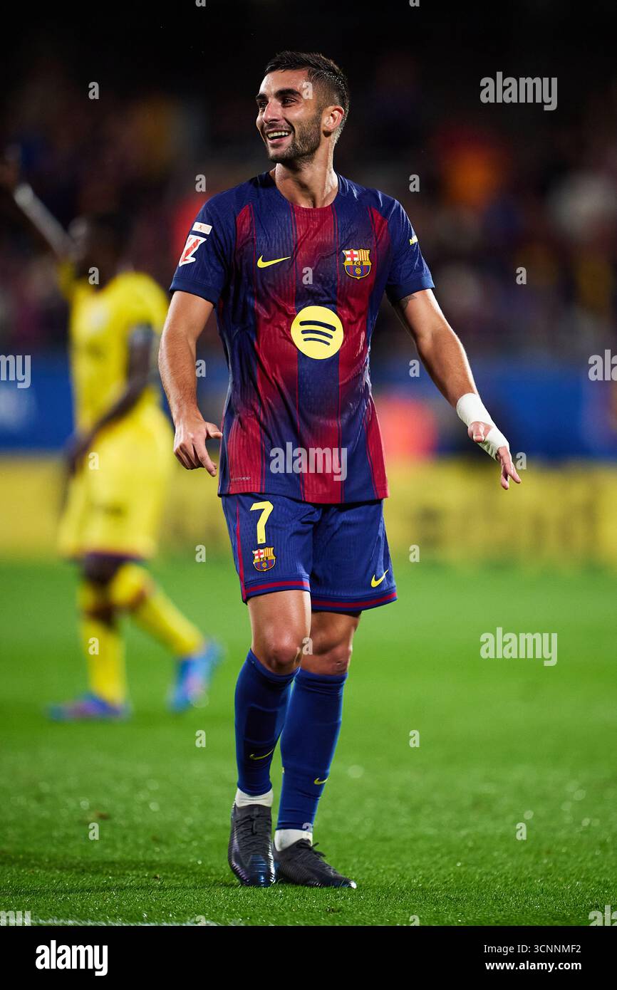 BARCELONE, ESPAGNE - 21 SEPTEMBRE : Ferran Torres du FC Barcelone célèbre après avoir marqué le deuxième but de son équipe lors du match LaLiga EA Sports entre le FC Barcelone et Getafe CF à l'Estadi Johan Cruyff le 21 septembre 2025 à Barcelone, Espagne. (Photo de QSP) Banque D'Images