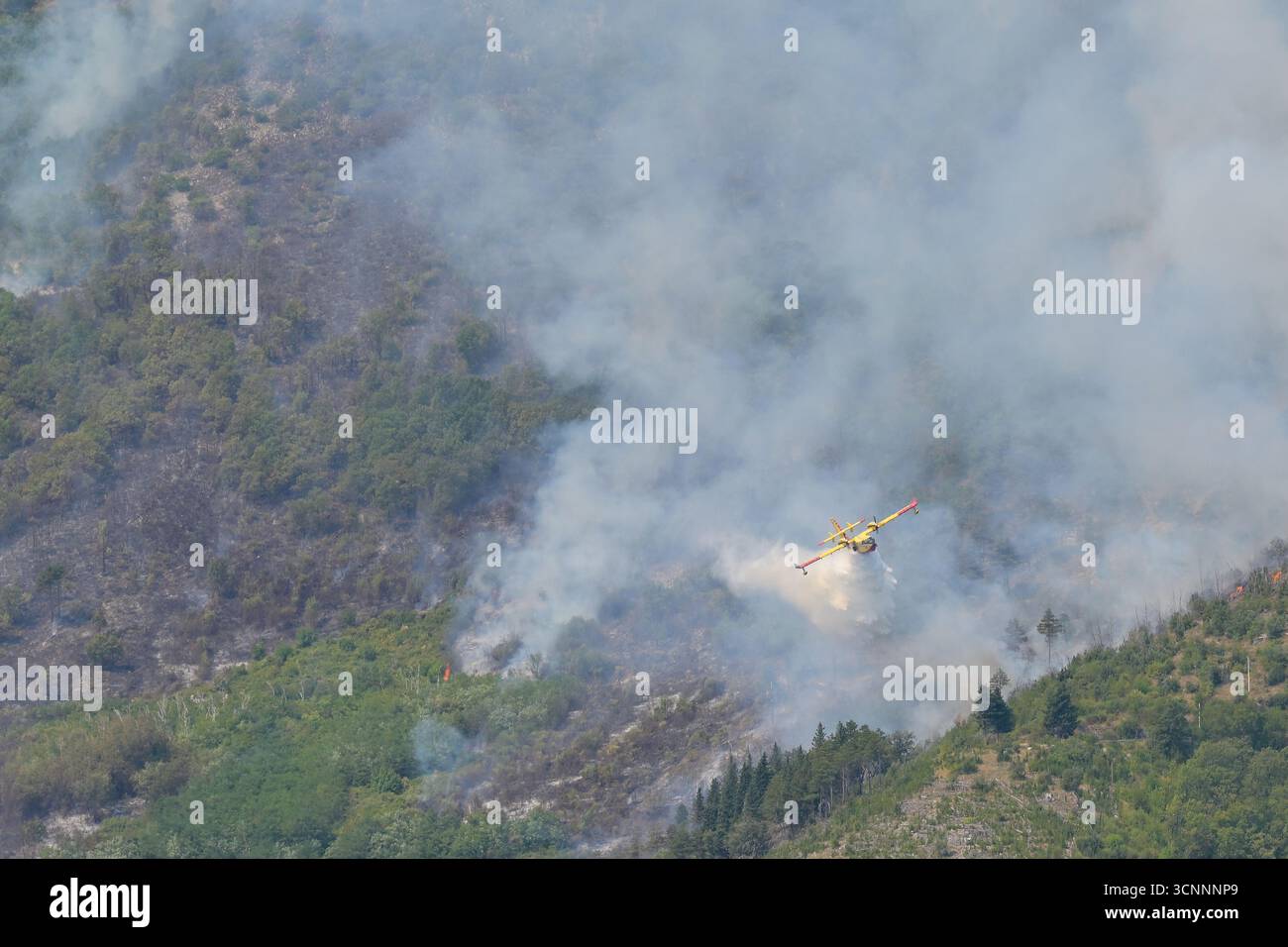 Morano Calabro, Calabre, Italie - 7 septembre 2025 - lutte aérienne contre les incendies de forêt dans le parc national de Pollino. Banque D'Images