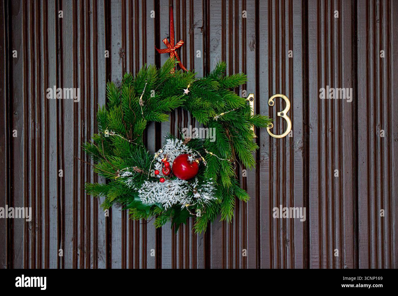 Couronne de Noël à pointe d'épicéa vert avec guirlande lumineuse chaude sur la porte de la maison. Décoration de Noël traditionnelle minimaliste. Banque D'Images