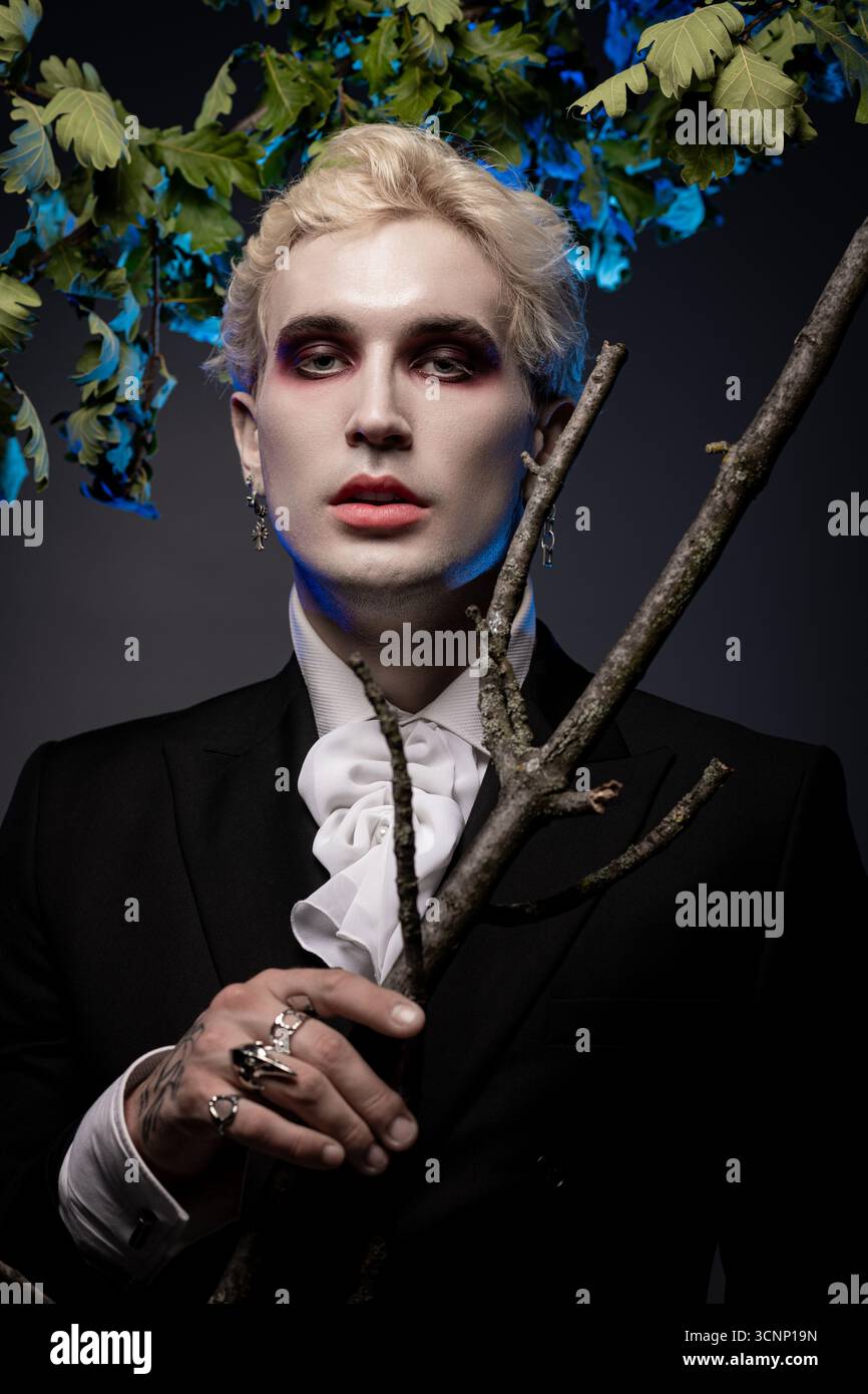 Un jeune homme dans un magnifique costume d'Halloween évoque mystère et charme dans une atmosphère enchanteresse. Banque D'Images