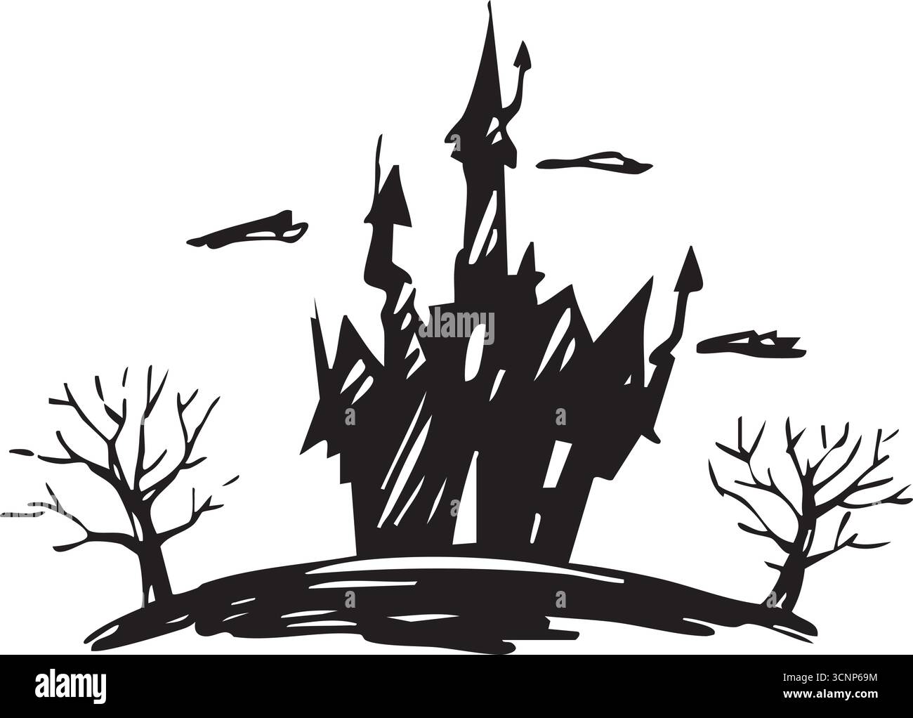 La silhouette d'un mystérieux château hanté se profile dans les ombres du ciel nocturne Illustration de Vecteur