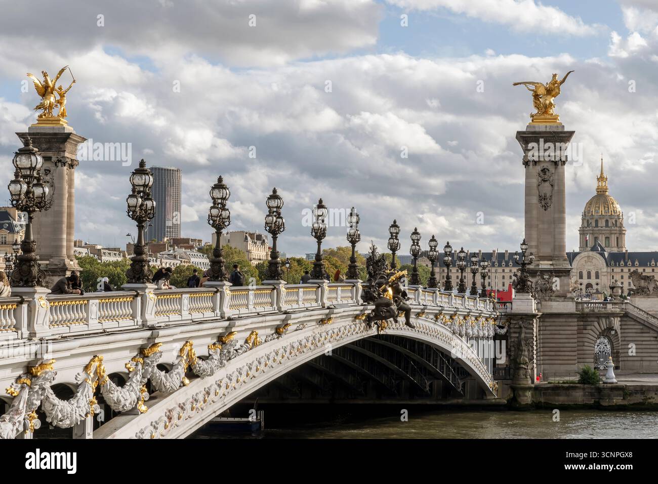 Le pont Alexandre III au-dessus de la Seine dans le centre de Paris, France, sous un beau ciel Banque D'Images