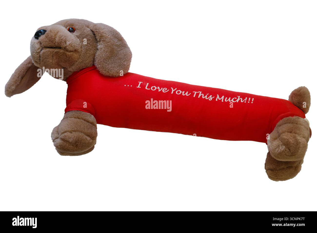 Chien de saucisse jouet mignon portant un long manteau rouge avec je vous aime autant sur elle isolé sur fond blanc Banque D'Images