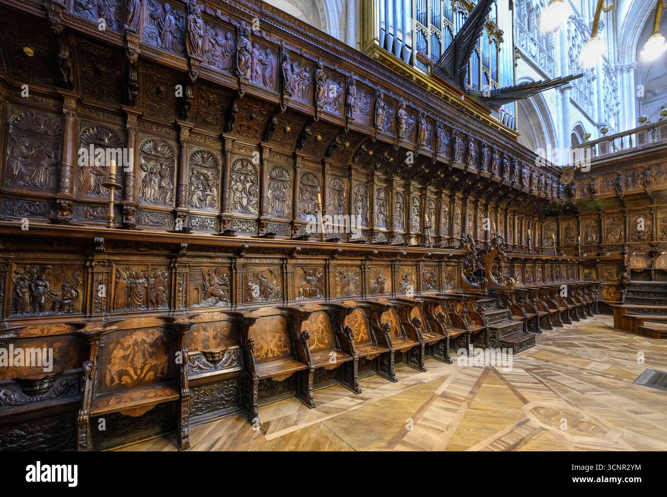 Stalles de chœur plateresque Renaissance de Felipe Bigarny dans la cathédrale Sainte-Marie de Burgos, dans la vieille ville de Burgos, Castille y Léon, Nord Banque D'Images