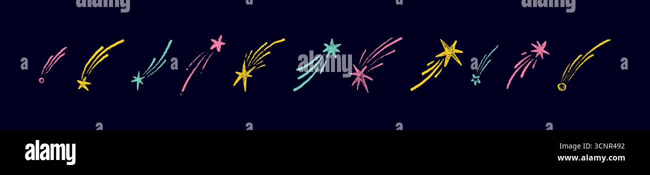 Ensemble de colorfun néon dessiné à la main crayon étoile filante, comète, météore. Enfants funky dessins au crayon couleur néon funky pour enfants. Ciel étoilé. Espace excentrique, g Illustration de Vecteur