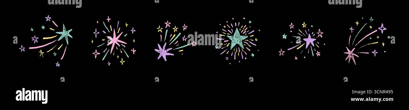 Crayon dessiné à la main tombant étoiles filantes, météores, comètes. Couleur pastel, aquarelle, craie, crayon esquisse étoile, bling, scintillement, scintillement, barre oblique. BA Illustration de Vecteur