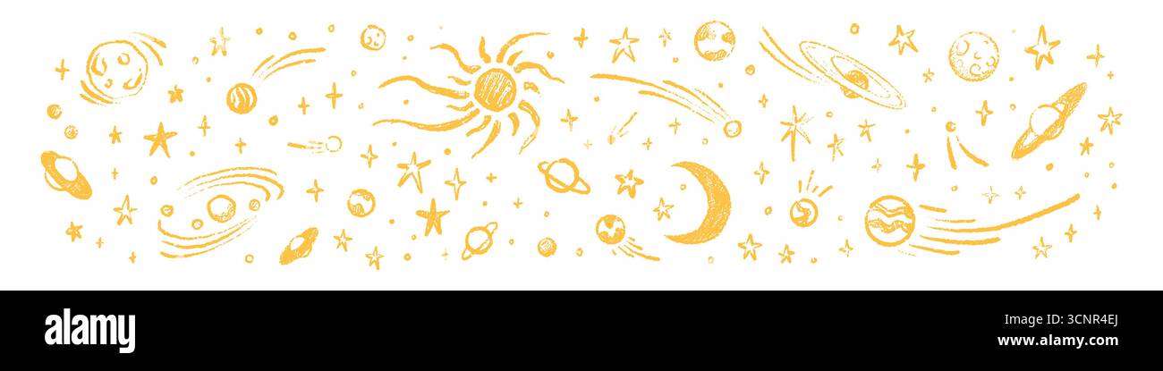 Crayon dessiné à la main jaune tir et étoiles tombantes, nébuleuse, planètes, comètes sur fond blanc. Dessin au pinceau doré. Pastel et craie enfant, Illustration de Vecteur