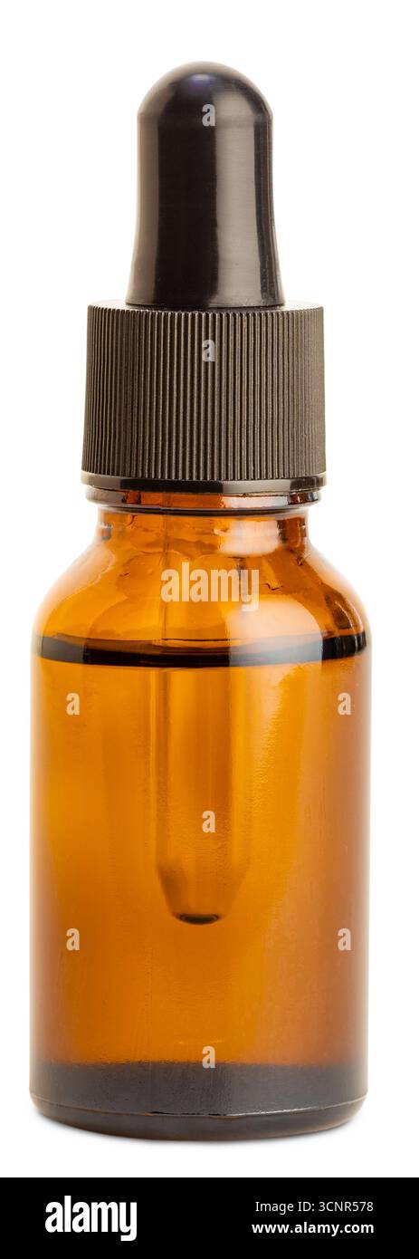 Flacon en verre ambré avec pipette isolé sur fond blanc Banque D'Images