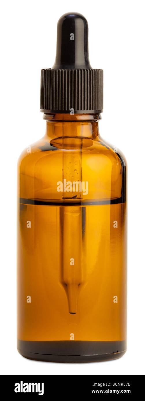 Flacon en verre ambré avec pipette isolé sur fond blanc Banque D'Images