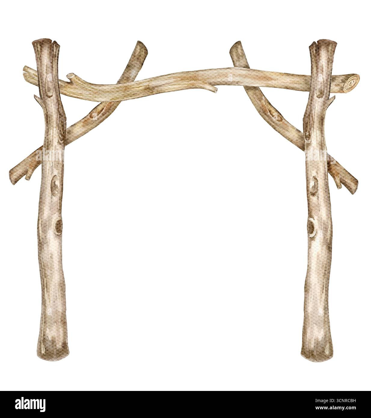 Arc boho rustique créé à partir de bûches en bois naturel et de branches dans un style aquarelle. Une pièce artistique peinte à la main qui reflète le charme organique, parfait Banque D'Images
