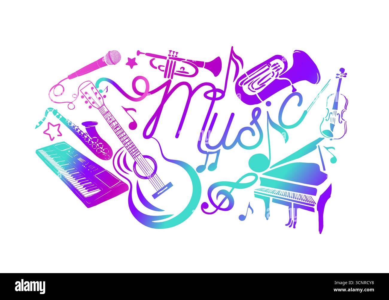 Musique abstraite violet-bleu. De nombreux instruments de musique. dessiné à la main. Pas ai, illustration vectorielle Illustration de Vecteur