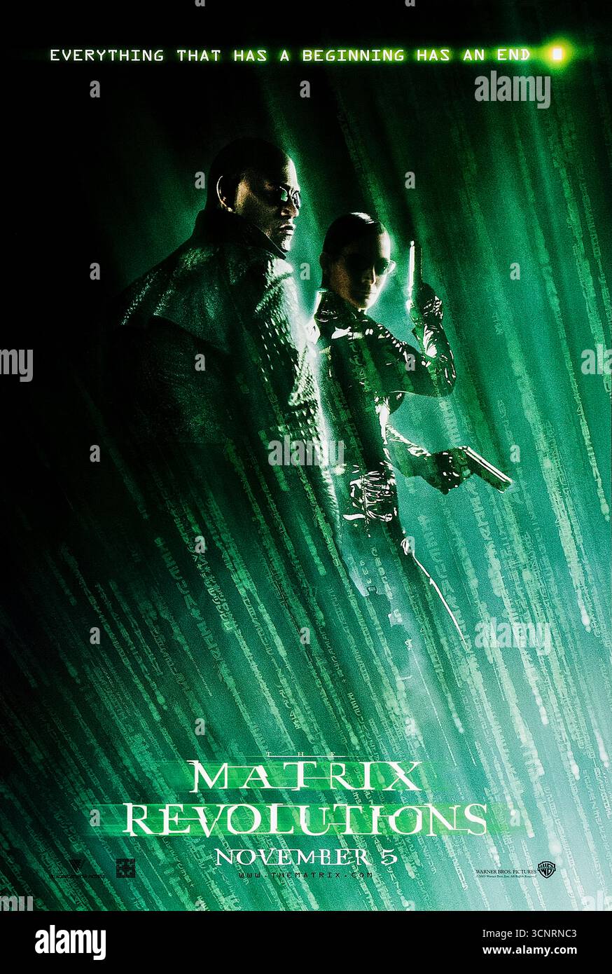 The Matrix Revolutions (2003) réalisé par Lana Wachowski et Lilly Wachowski avec Keanu Reeves, Carrie-Anne Moss et Laurence Fishburne. La bataille finale grimpante entre les humains et les machines se déroule alors que Neo affronte son destin ultime. Photographie d'une affiche originale US Advance de 2003 À USAGE ÉDITORIAL EXCLUSIF. Crédit : BFA / Warner Bros Banque D'Images