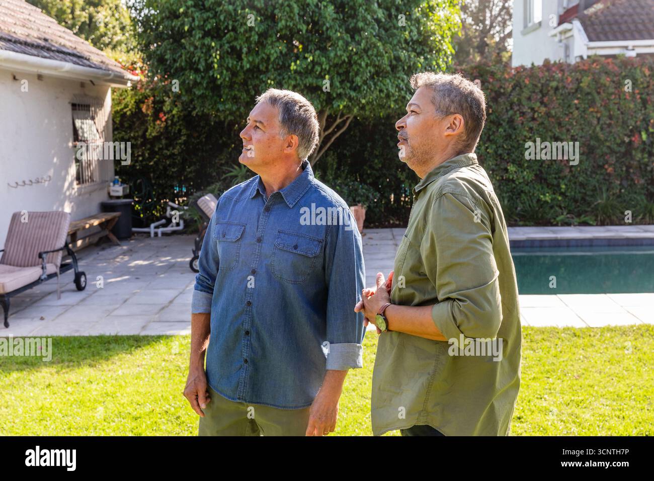 Amis masculins seniors debout sur la pelouse de l'arrière-cour à côté de la piscine et chaises longues regardant vers le haut Banque D'Images