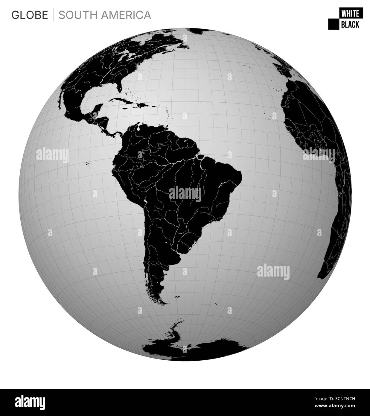 Vecteur Globe centré sur l'Amérique du Sud. Palette Blanc Noir. Carte du monde avec méridiens, parallèles, pays, rivières et lacs. Illustration de Vecteur