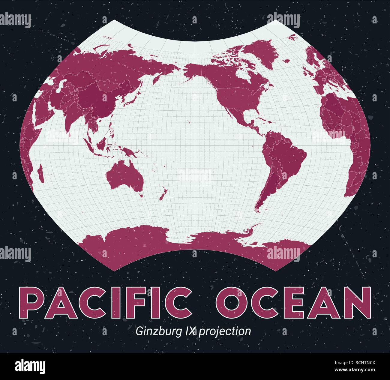 Océan Pacifique. Carte du monde. Projection de Ginzburg IX centrée sur l'océan Pacifique. Palette Pink foncé menthe pâle. Texture vintage. Illustration de Vecteur