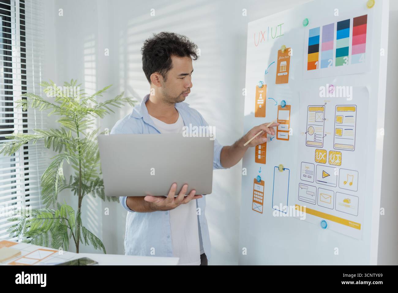Un concepteur créatif travaille sur la planification UX/UI, analysant des croquis et des prototypes sur un tableau blanc tout en utilisant un ordinateur portable. Le processus montre la pensée de conception Banque D'Images