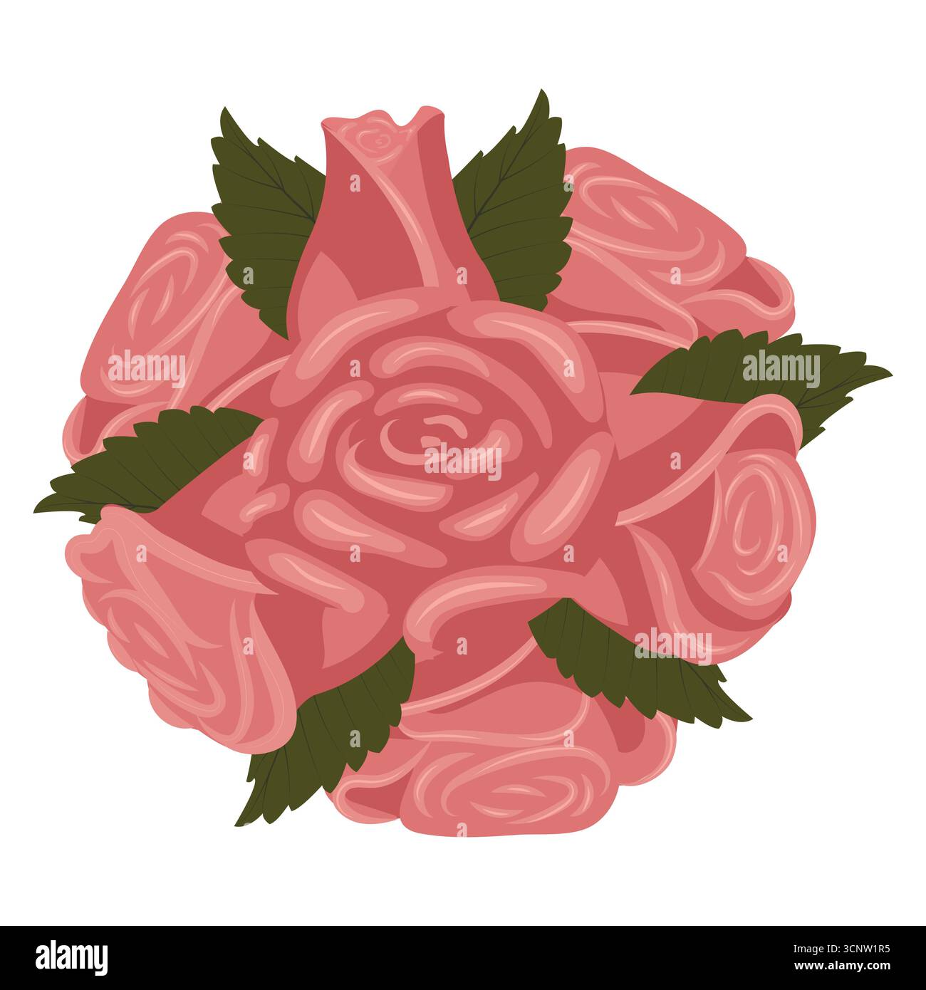Une composition de six roses roses poussiéreuses, un bourgeon et des feuilles disposées en cercle. Illustration vectorielle sur un fond blanc. Illustration de Vecteur Une composition de six roses roses poussiéreuses, un bourgeon et des feuilles disposées en cercle. Illustration vectorielle sur un fond blanc. Illustration de Vecteur
