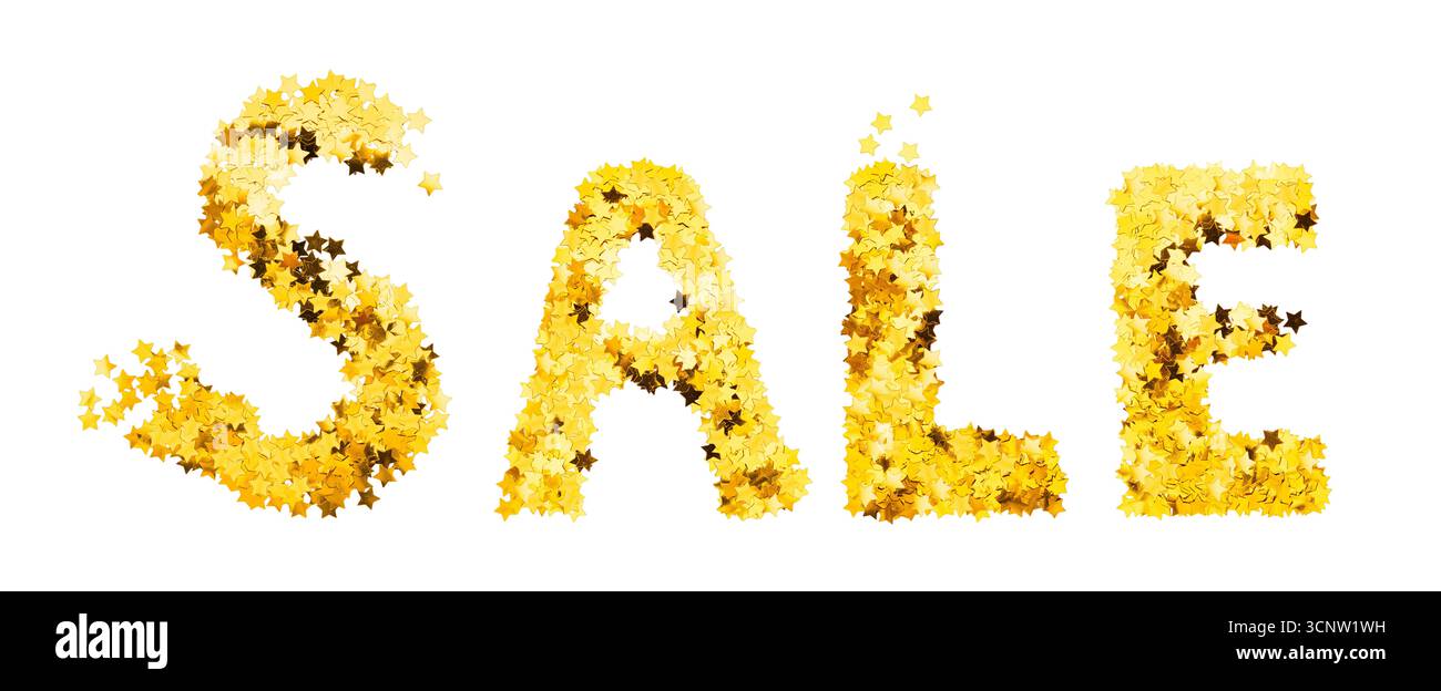 Mot DE VENTE créé avec des étoiles de paillettes dorées isolées sur fond blanc. Idéal pour les campagnes de réduction, Black Friday et les bannières de commerce électronique Banque D'Images