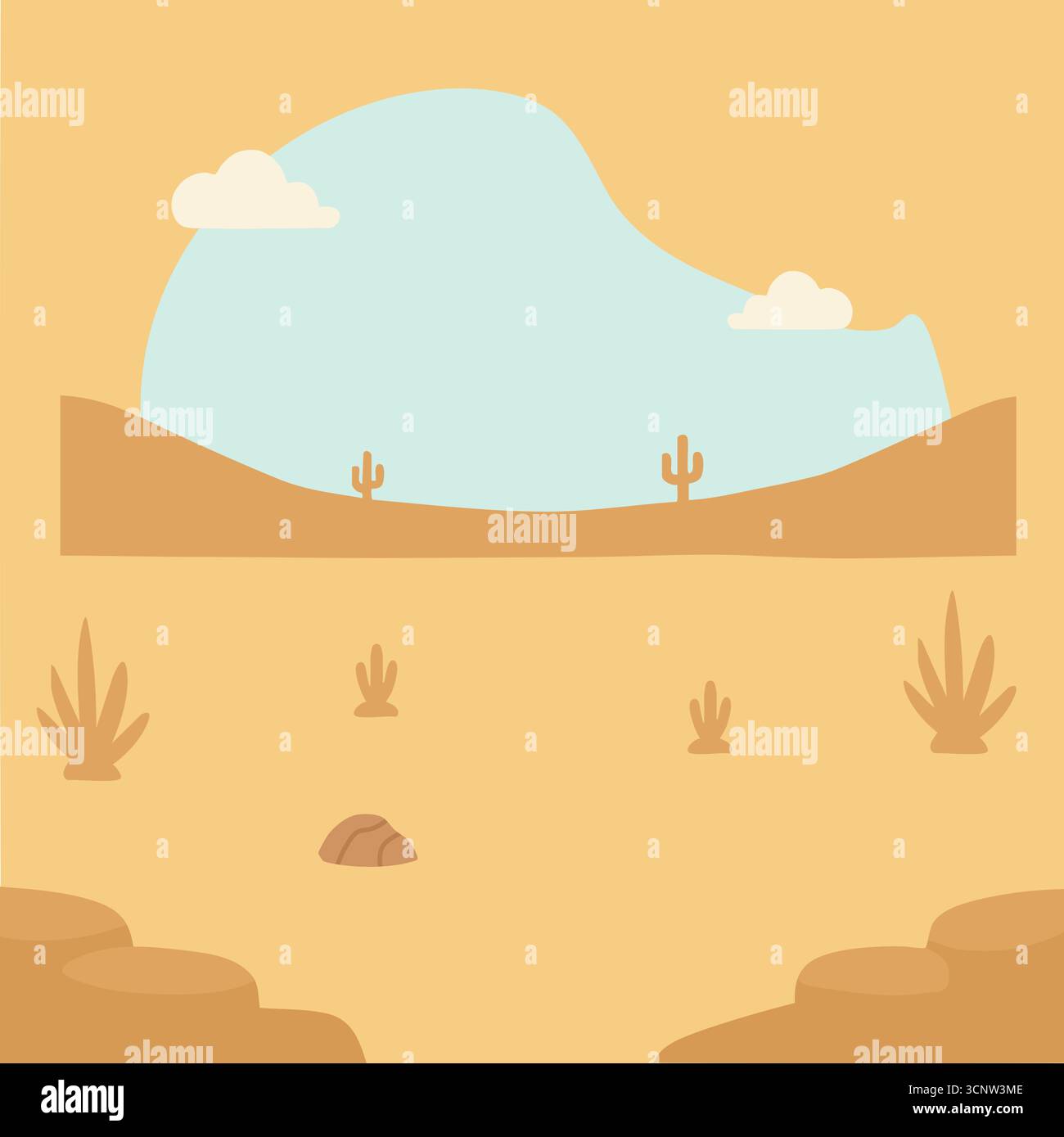 Une scène chaude et aride montrant des dunes de sable roulantes dispersées des cactus et des nuages doux sous un ciel bleu pour un fond simple Illustration de Vecteur