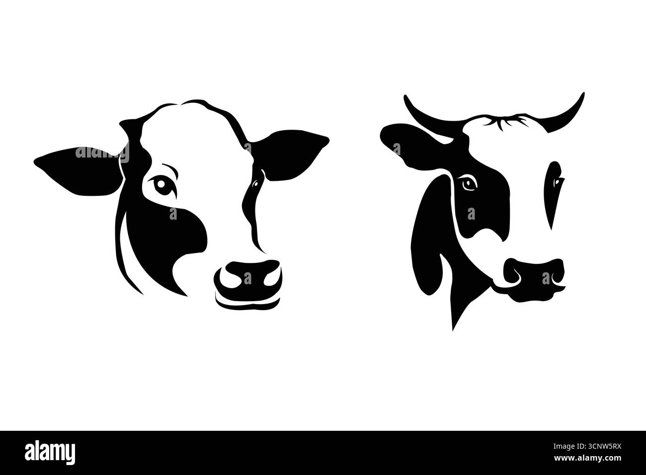 Silhouette de tête de vache , illustrations uniques en noir et blanc de têtes de vache présentant différentes caractéristiques et expressions. Conception de vecteur de vache. Illustration de Vecteur