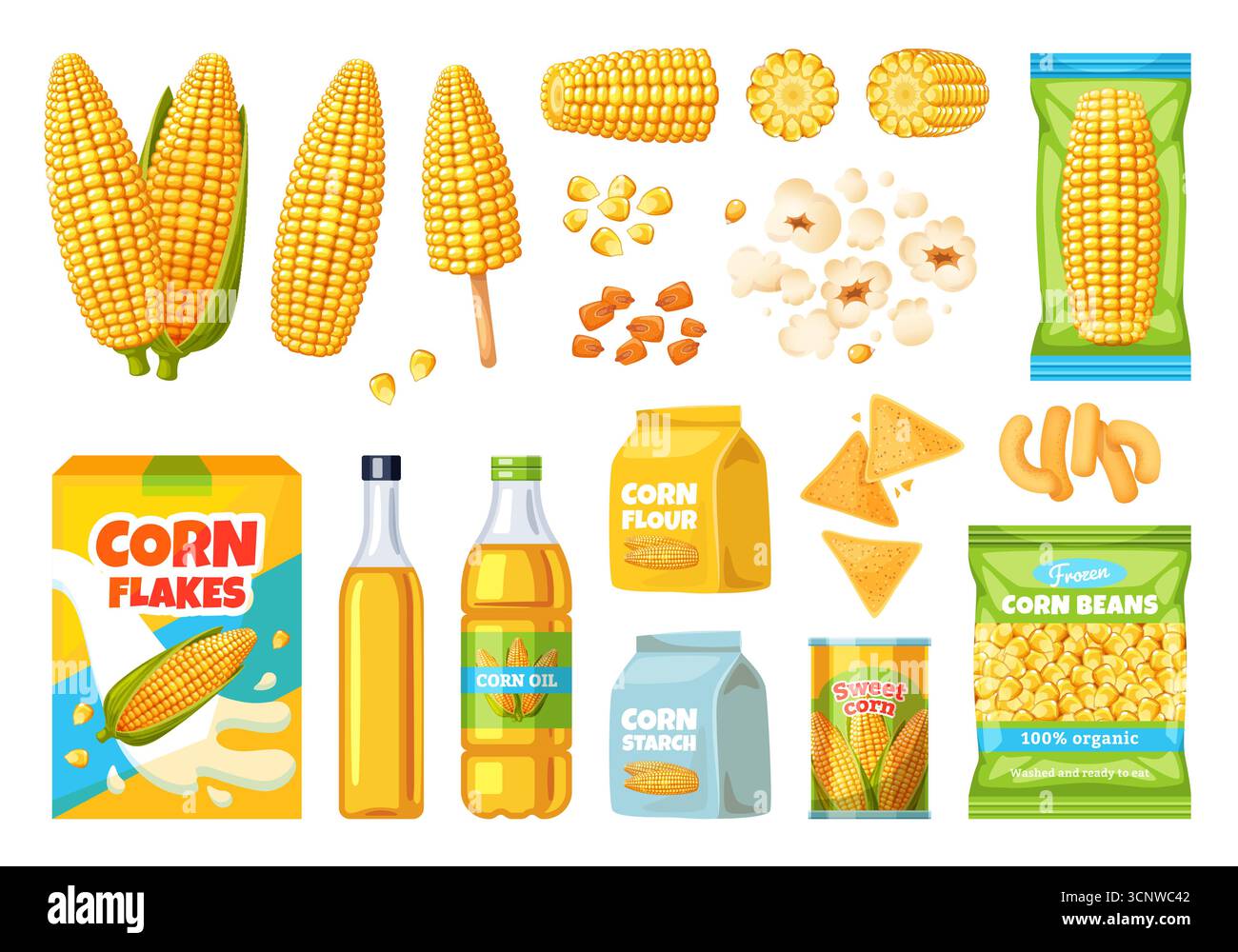 Produits à base de maïs. Éléments alimentaires de maïs, épis mûrs, céréales végétales sucrées, produit agricole biologique, culture agricole, farine, huile, nachos, pop-corn et en conserve Illustration de Vecteur