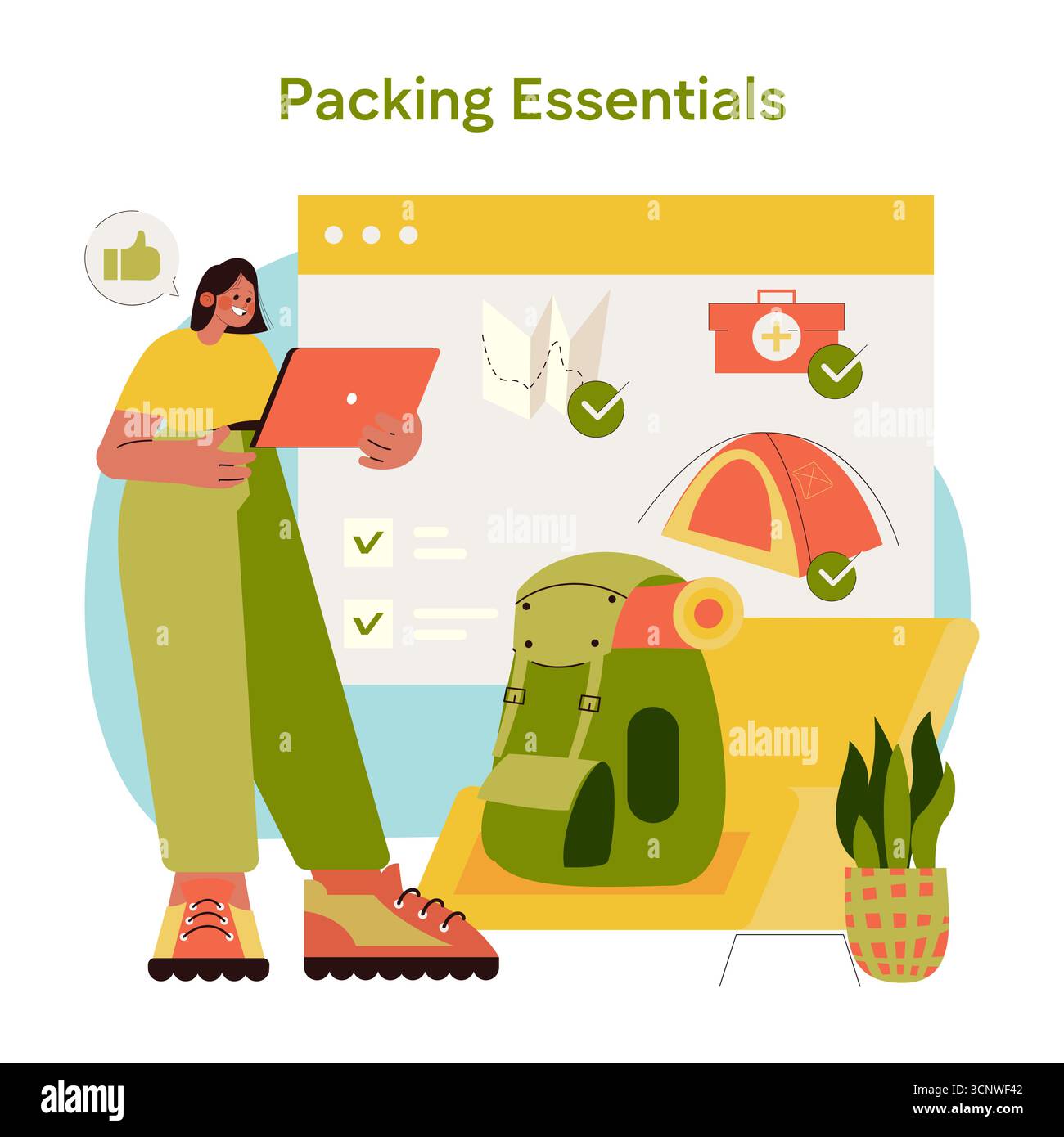 Illustration vectorielle d'un voyageur organisant l'emballage des éléments essentiels à l'aide d'une liste de contrôle numérique. Comprend de l'équipement de camping comme un sac à dos et une tente, mettant l'accent sur la préparation et la préparation à l'aventure. Illustration de Vecteur