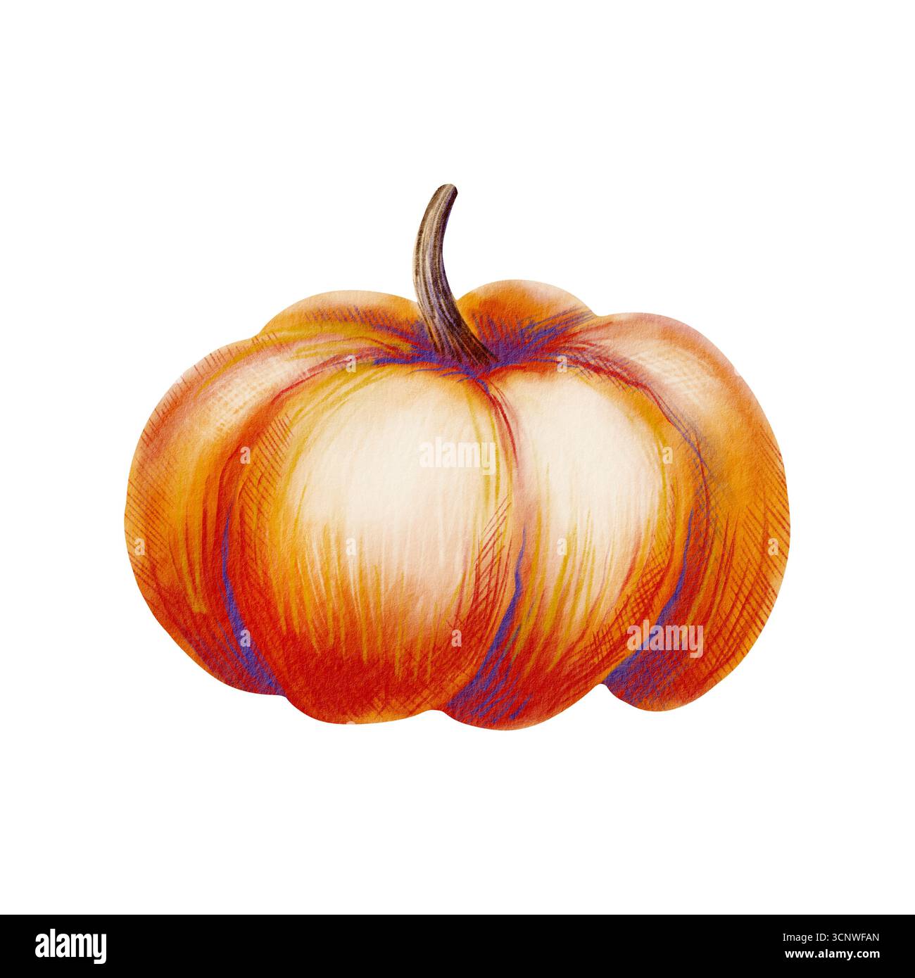 Citrouille orange joyeuse dans un style enfantin, fabriquée avec des lavages doux à l'aquarelle et des crayons de couleur texturés. Pour les projets d'automne, le décor de pépinière et les enfants Banque D'Images