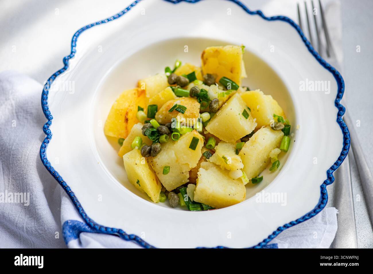 Une salade de pommes de terre grecques garnie de câpres, servie dans un plat élégant et bordé de bleu. Ce plat délicieux combine des ingrédients savoureux et frais. Banque D'Images