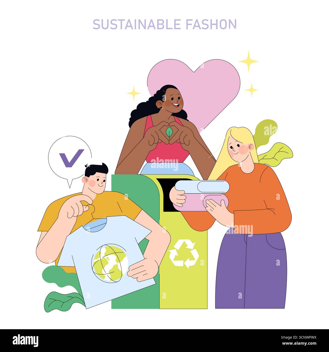 Illustration vectorielle mettant en évidence les pratiques de la mode durable. Les gens interagissent avec les bacs de recyclage, échangent des vêtements écologiques et promeuvent la conscience environnementale par des actions positives. Illustration de Vecteur