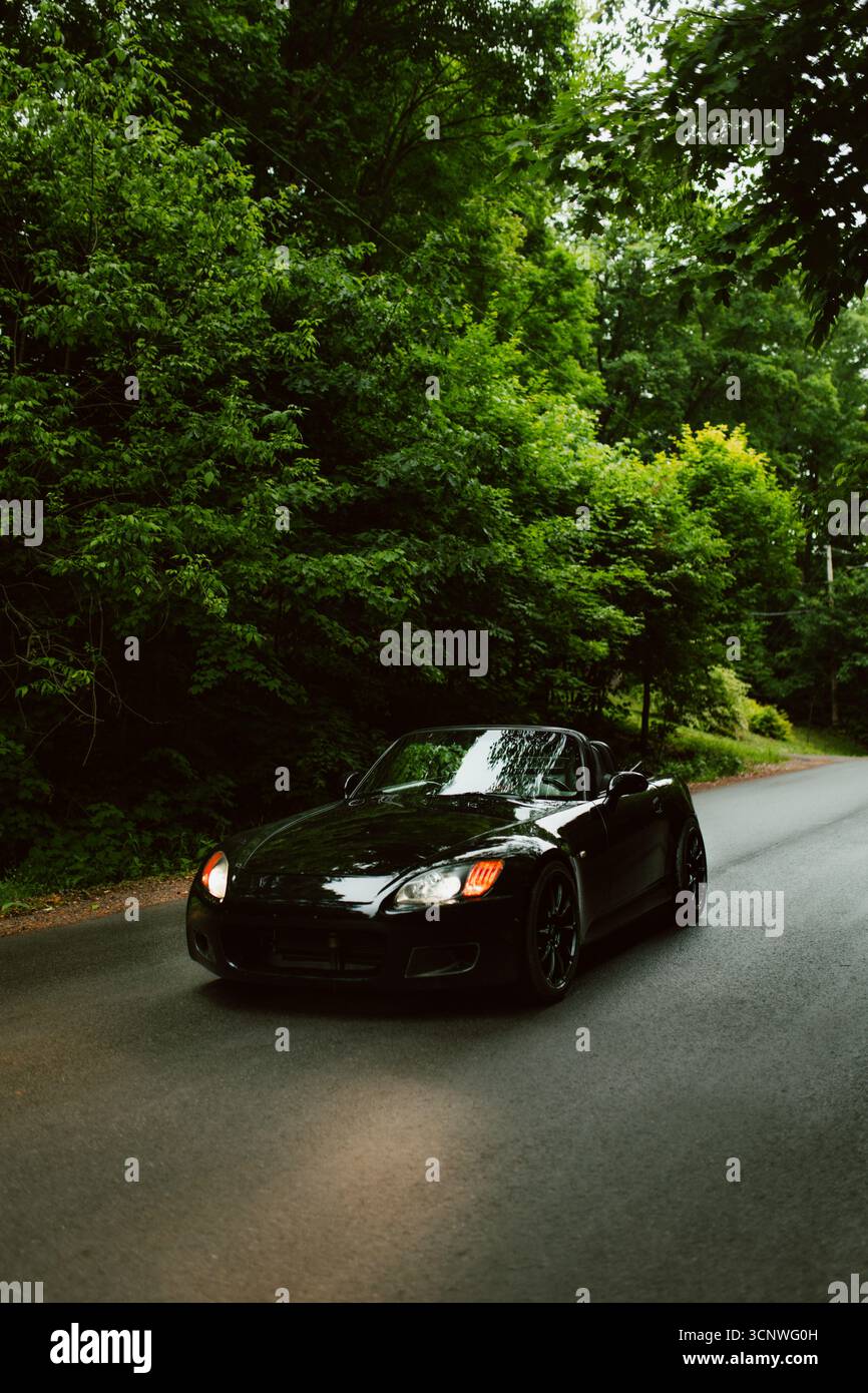 Un cabriolet noir élégant vole le long d'une route calme bordée d'arbres. La forêt verdoyante ajoute une toile de fond sereine, mettant en valeur le tim de la voiture Banque D'Images