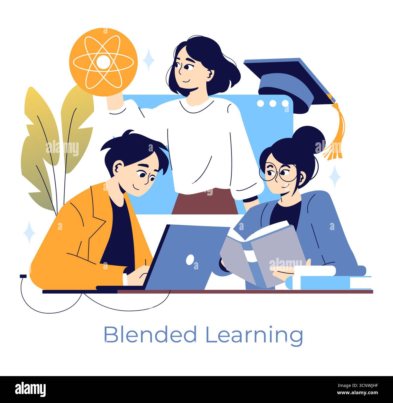 Illustration vectorielle de concept d'apprentissage mixte montrant trois personnes engagées dans des activités éducatives collaboratives. Une personne utilise un ordinateur portable, une autre lit un livre, et une troisième détient un symbole éducatif, mettant l'accent sur le travail d'équipe et l'innovation. Illustration de Vecteur