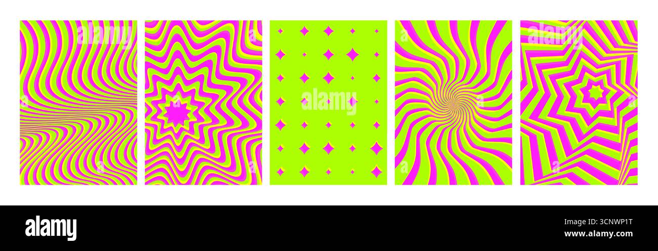 Collection de motifs rétro de couleur hypnotique avec des motifs psychédéliques - tourbillons rose fluo et vert lime, rayons Starburst, lignes ondulées pour affiches ou arrière-plans. Ensemble d'œuvres d'art vintage groovy vibrant. Illustration de Vecteur
