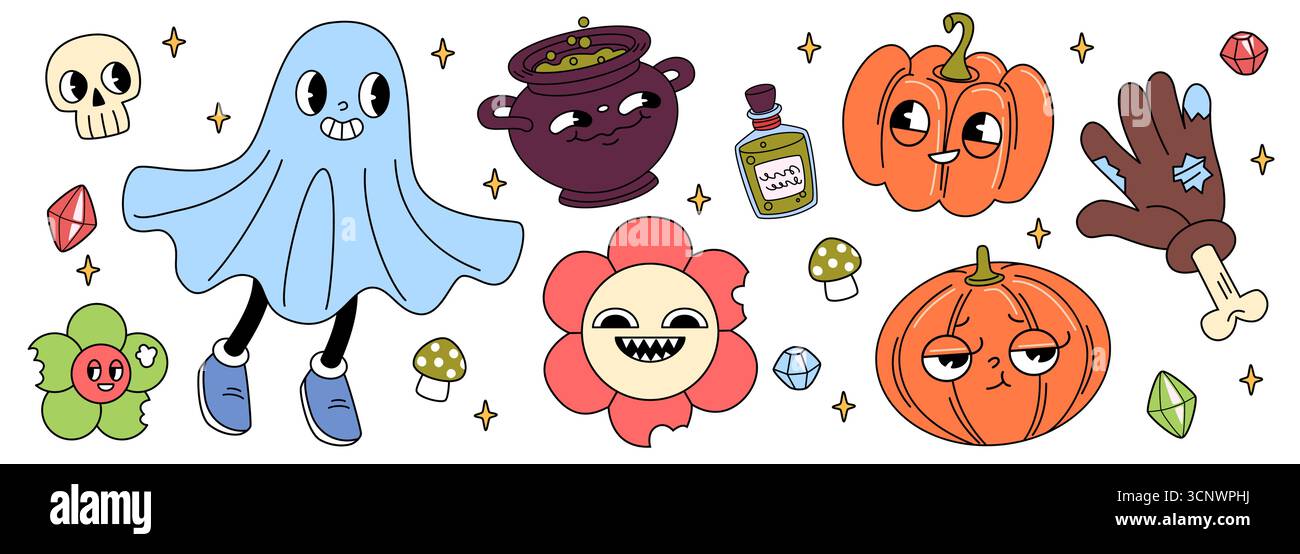 Groovy personnages d'Halloween avec fantôme et crâne, chaudron de sorcière, citrouilles et fleur effrayante sur fond blanc. Bouteille de poison et champignons, cristaux et main squelettique dans la collection rétro festival Illustration de Vecteur