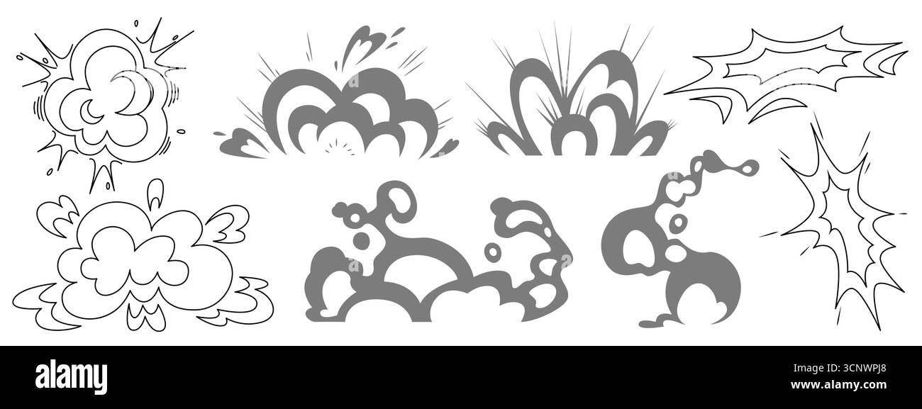 Collection manga effet explosif avec nuages éclatants, bouffées de fumée et lignes d'impact. Des éléments d'action dynamiques pour les panneaux de bande dessinée, les scènes de combat ou les moments dramatiques dans les illustrations de style japonais. Illustration de Vecteur
