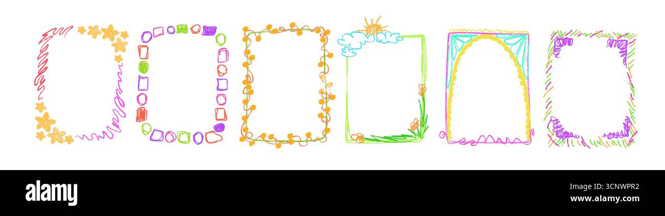 Bordures colorées de cadre dessinées par enfant avec des formes d'étoiles de crayon, des fleurs et des griffonnages pour la décoration d'art des enfants. Rectangles arc-en-ciel avec soleil, nuages et motifs géométriques pour un projet d'école d'artisanat ludique Illustration de Vecteur