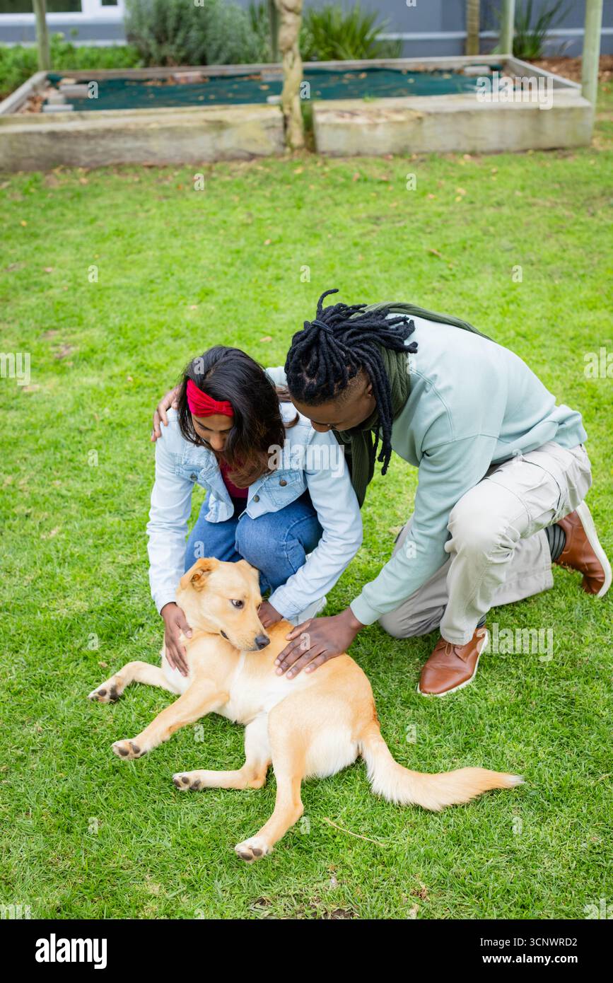 Chien de bronzage de couple diversifié sur la pelouse herbeuse dans le jardin de l'arrière-cour près de la façade du bâtiment moderne Banque D'Images