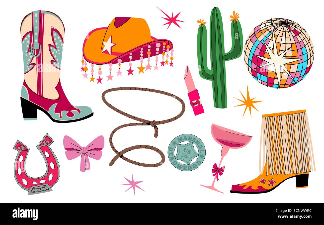 Éléments de fête de cowgirl disco avec bottes et chapeau WESTERN, cactus et accessoires de piste de danse. Fer à cheval et rouge à lèvres rétro, botte à franges et boule miroir pour des décorations de festival vibrantes avec des étoiles. Illustration de Vecteur