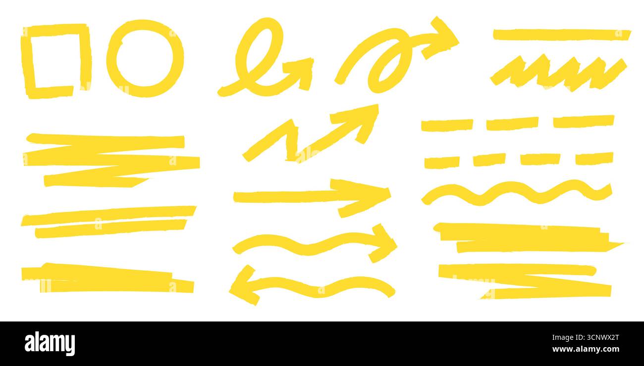 Surligner les traits jaune vif avec des textures de marqueur - flèches et soulignements, cercles, carrés et lignes ondulées sur bg blanc. Eléments d'accentuation dessinés à la main pour les annotations, les notes ou les accents de conception numérique Illustration de Vecteur
