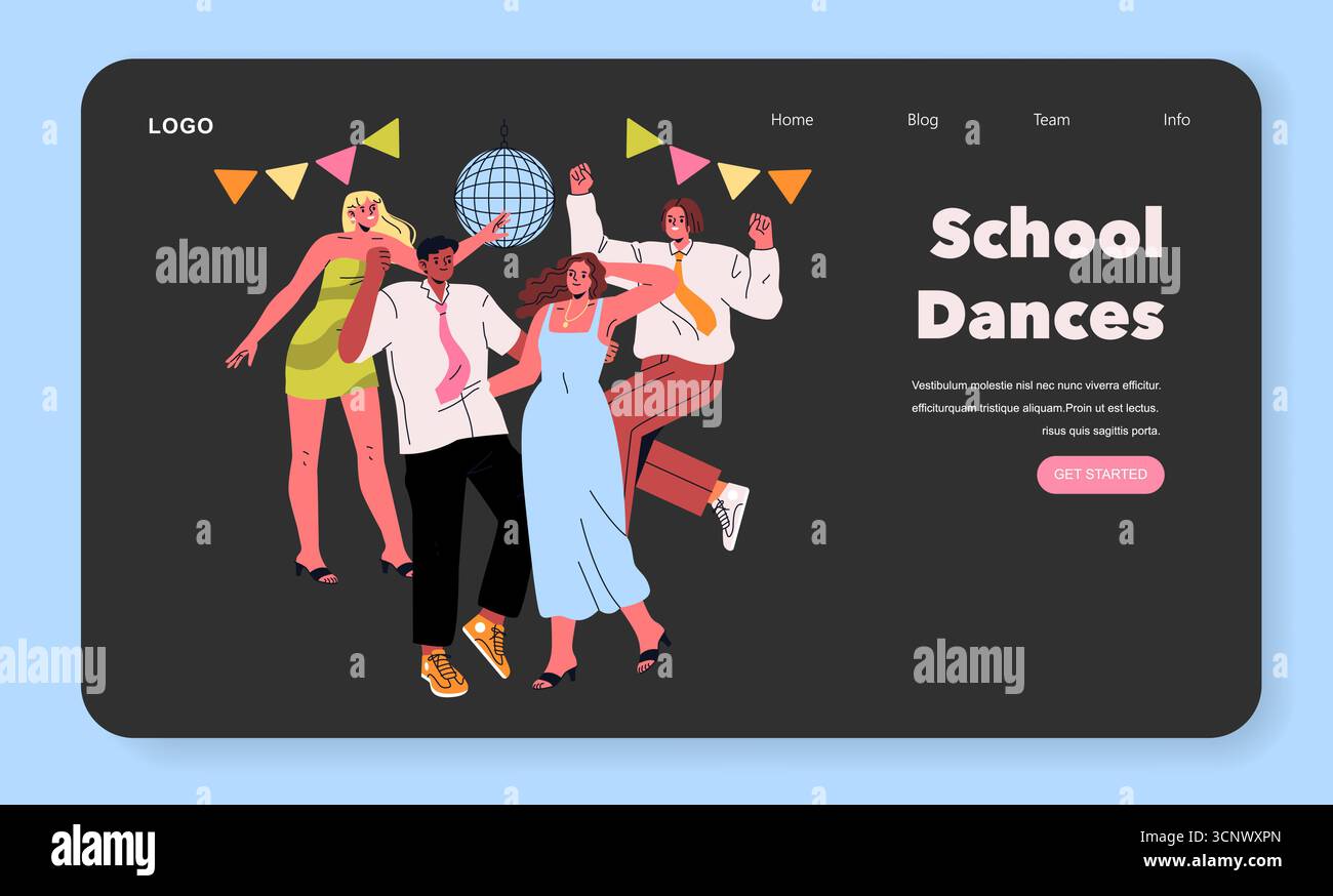 Illustration vectorielle d'étudiants animés dansant avec enthousiasme sous un bal disco lors d'un événement scolaire. Des tenues lumineuses, des poses dynamiques et des expressions heureuses transmettent la joie et la célébration. Illustration de Vecteur