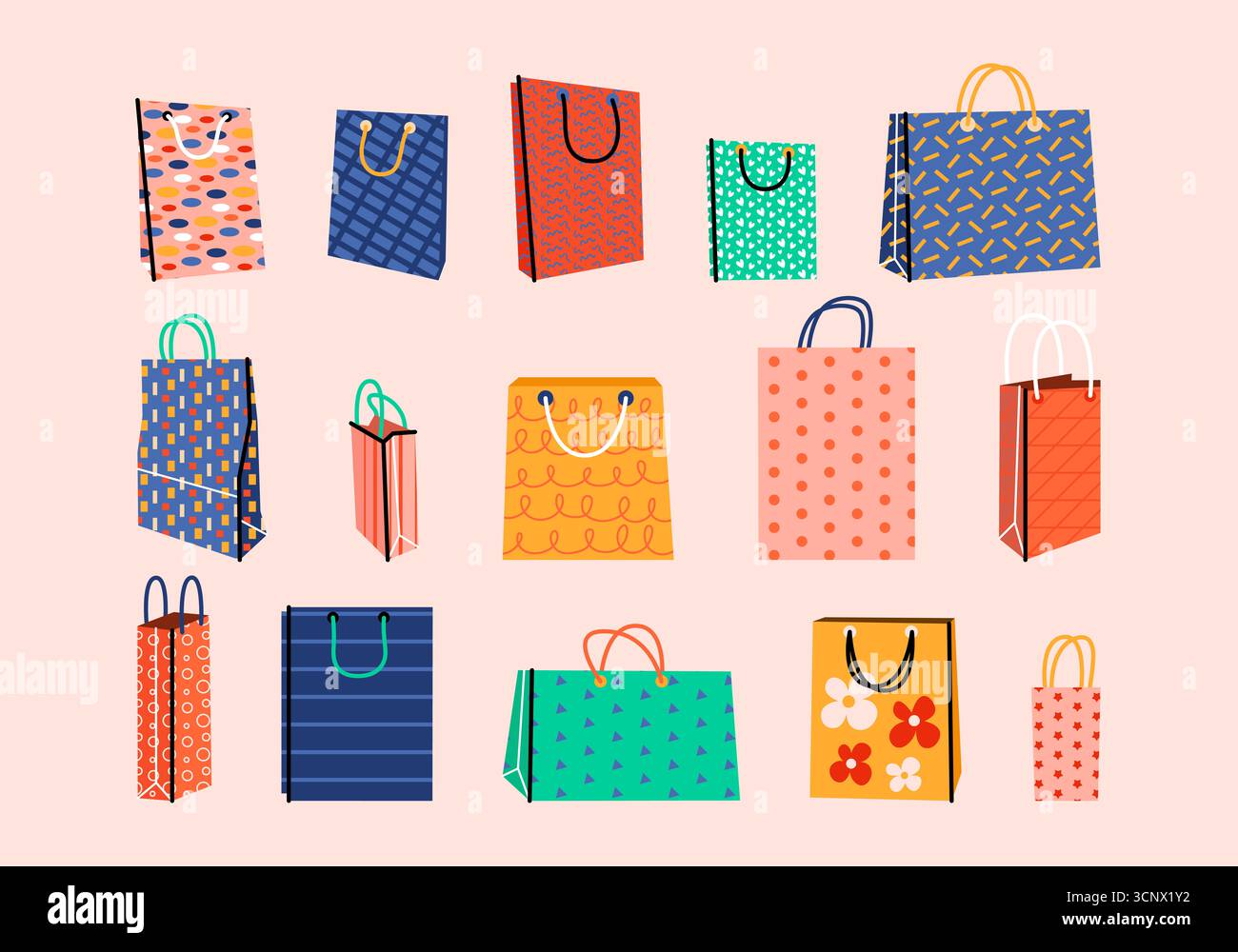 Ensemble de divers sacs à provisions en papier artisanal ou cadeaux. Présente le paquet, emballage coloré pour les achats dans le style de dessin animé rétro. Shopping, vente, mode. Banque D'Images