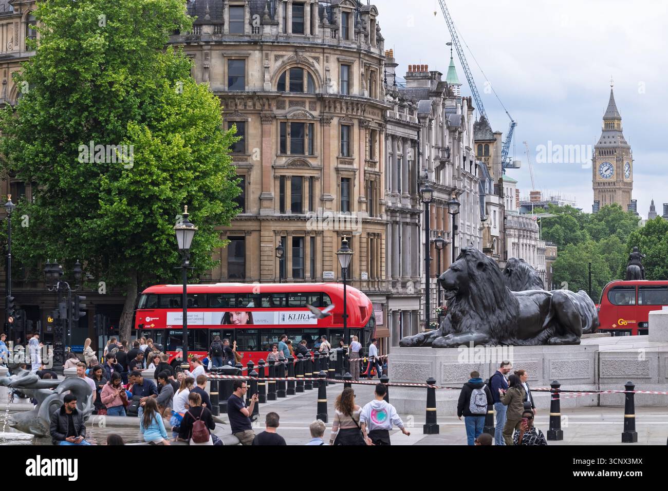 Londres, Royaume-Uni - 25 mai 2025 : vue du populaire Trafalgar Square, et Big Ben en arrière-plan à Londres Royaume-Uni Banque D'Images